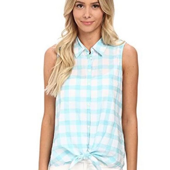 C&C California Women's Windowpane Tie Front Shirt Maui Blue Button-up Shirt S - Picture 1 of 5